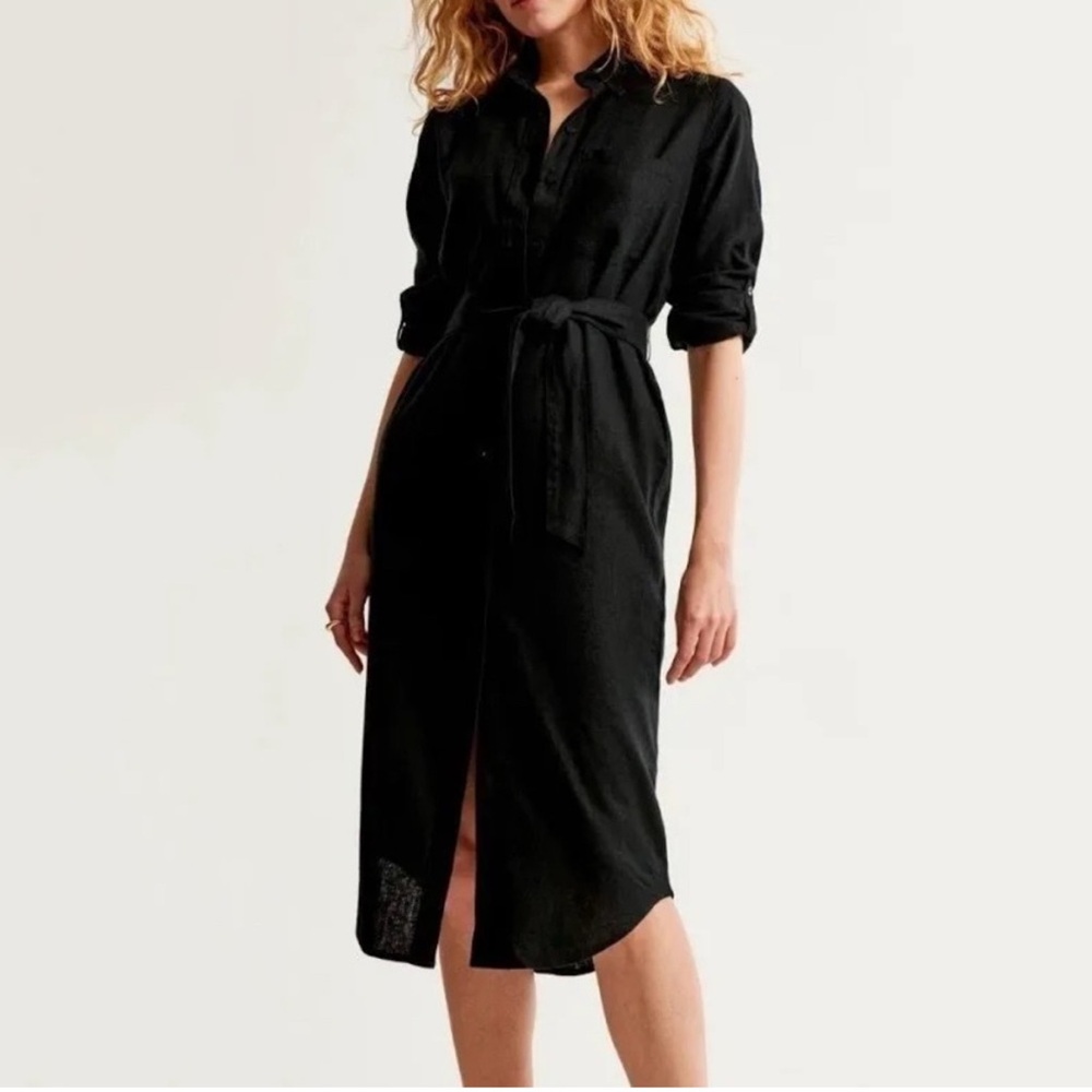 ABERCROMBIE‎ & FITCH Linen Blend Shirtdress Midi Belted Classic Preppy Black M P